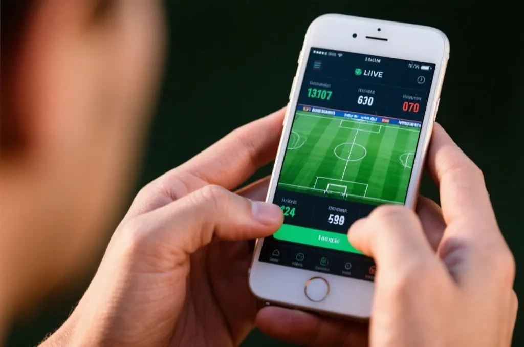 Hands holding a mobile phone showing an interactive sports app with real time football statistics